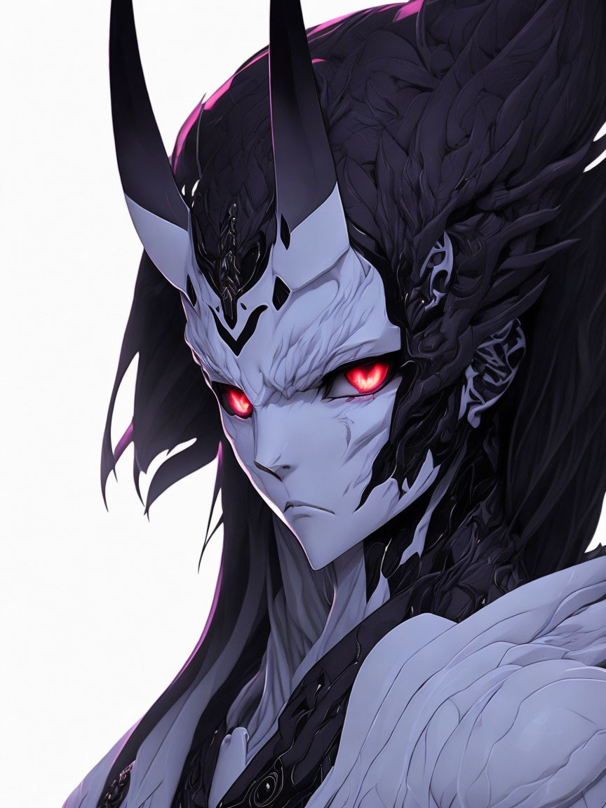 Fantasy character with horns, red eyes, and black feathery armor