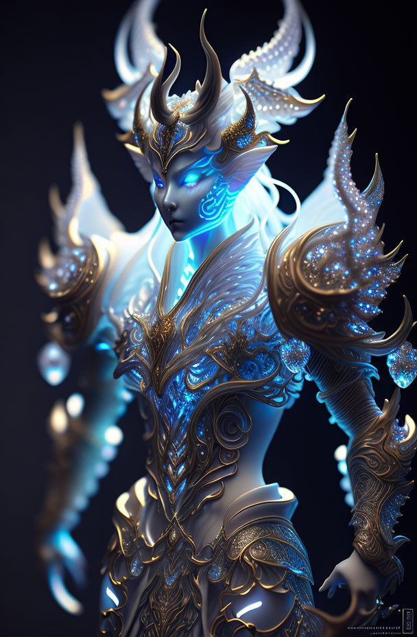 Blue-skinned character in golden armor on dark background