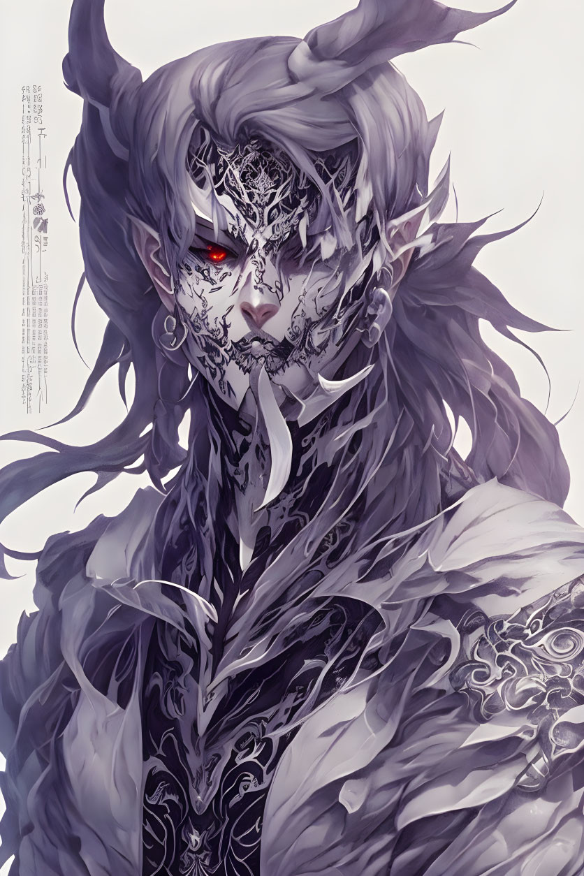 Fantasy figure with white and gray facial markings and red eyes amidst ornate patterns