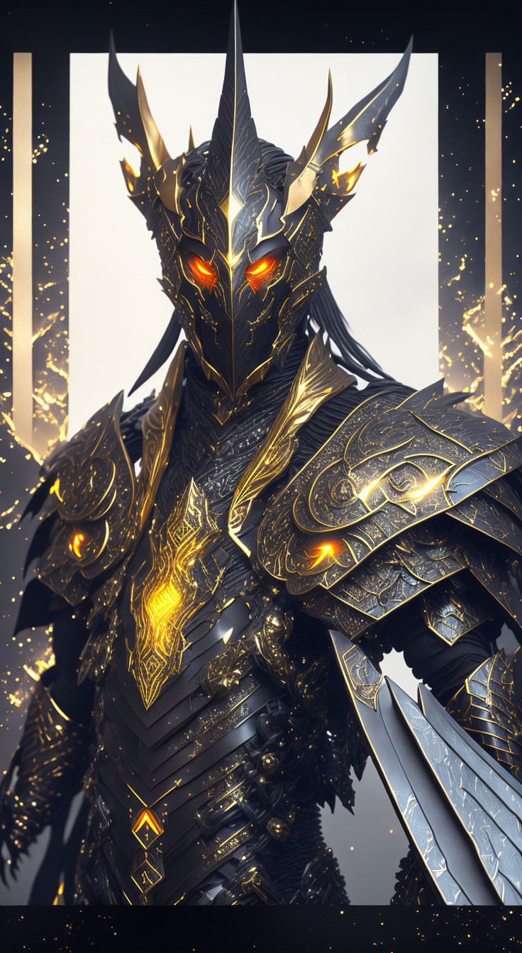 Armored figure with glowing orange eyes and gold detailing in futuristic setting