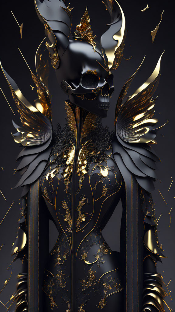 Stylized skull figure with gold details, crown, and wings on black background