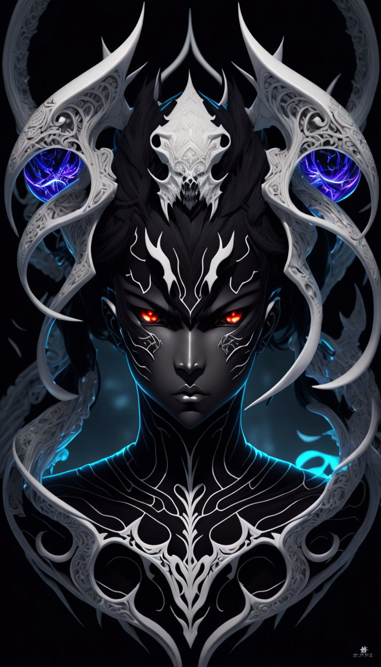 Fantasy illustration: character with white markings, red eyes, ornate horned headgear.