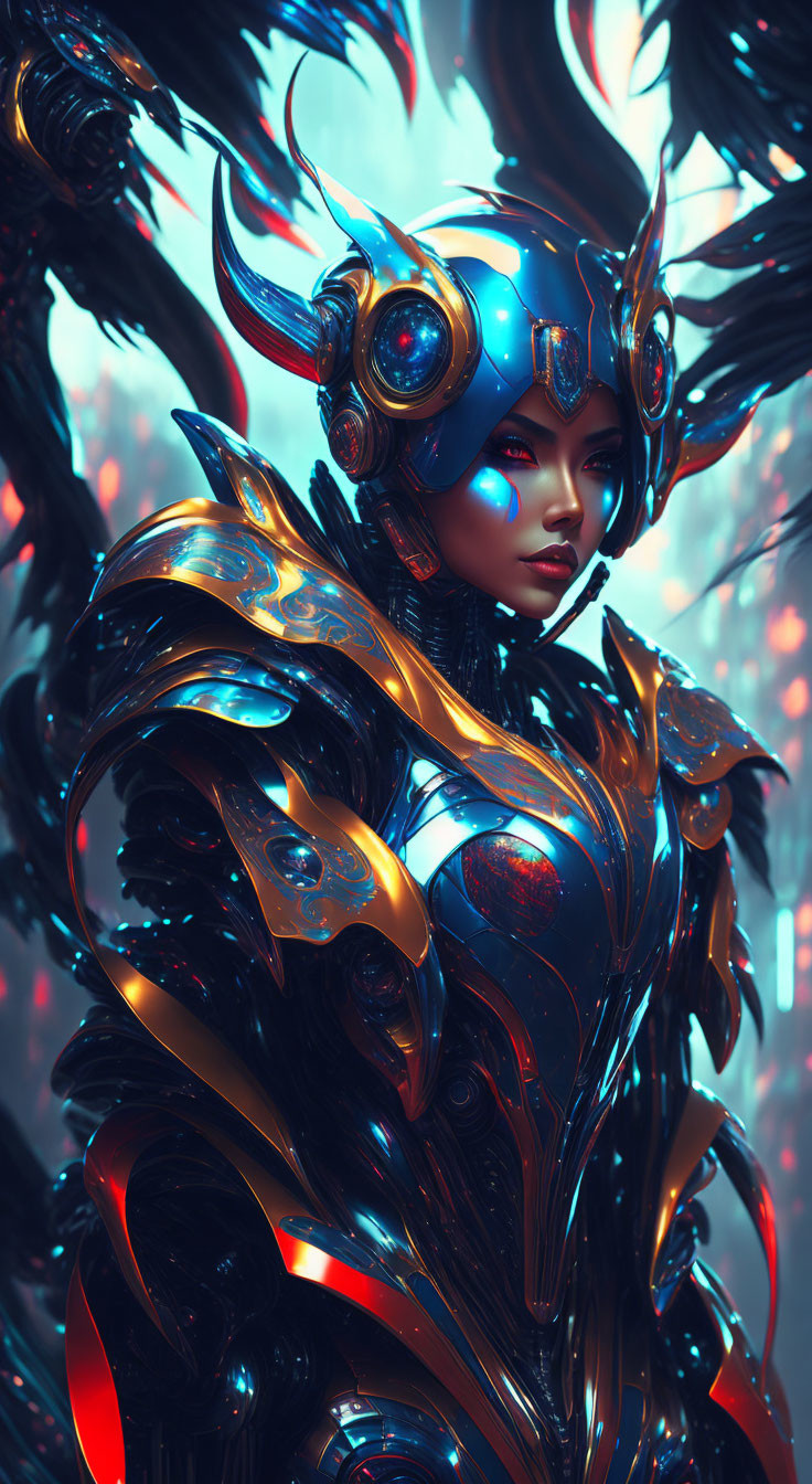 Futuristic warrior in blue and black armor with horned helmet on neon backdrop