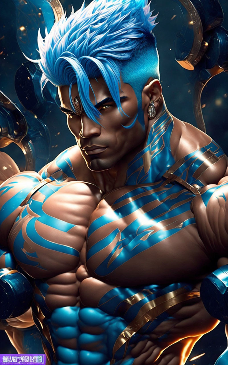 Blue-haired muscular character with glowing patterns on skin in dark background.