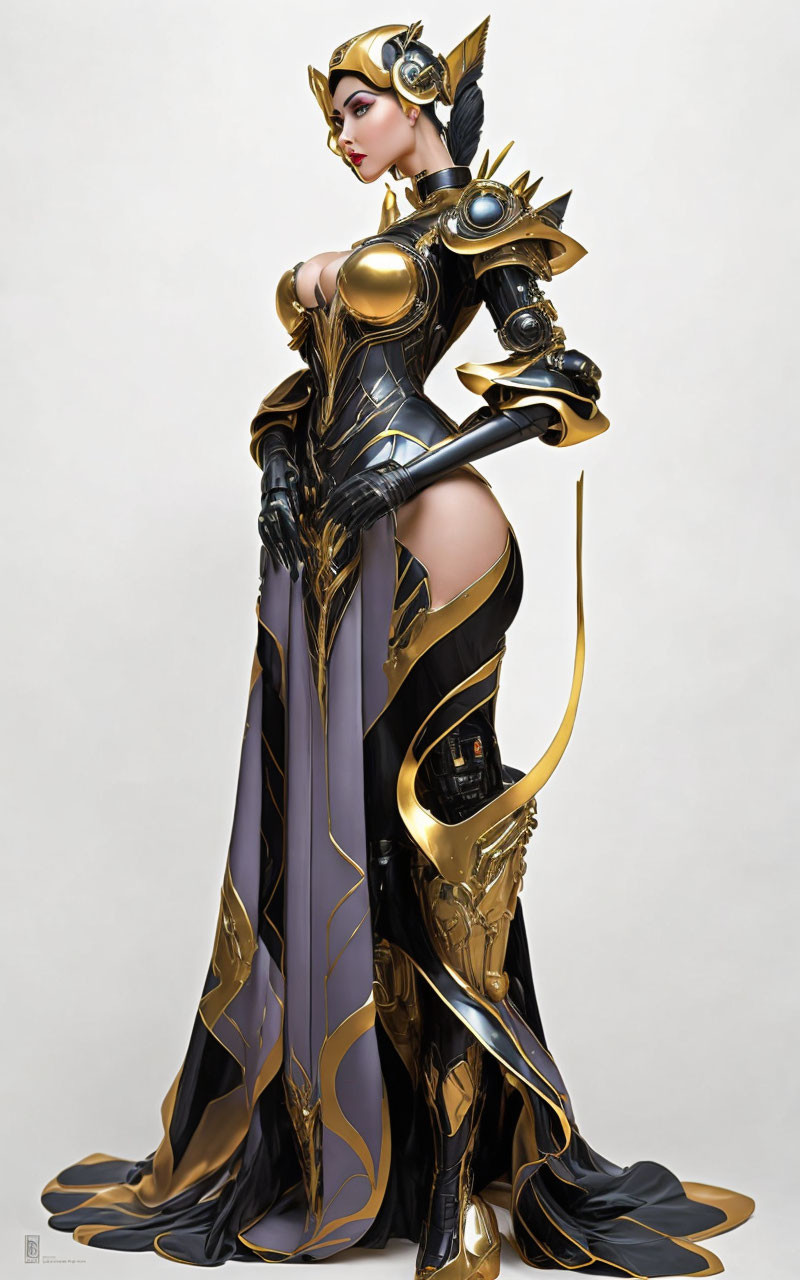 Fantasy armor with gold accents and scepter pose in regal stance