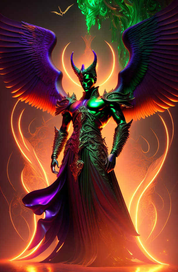 Regal figure with elaborate wings in green and black armor against fiery backdrop