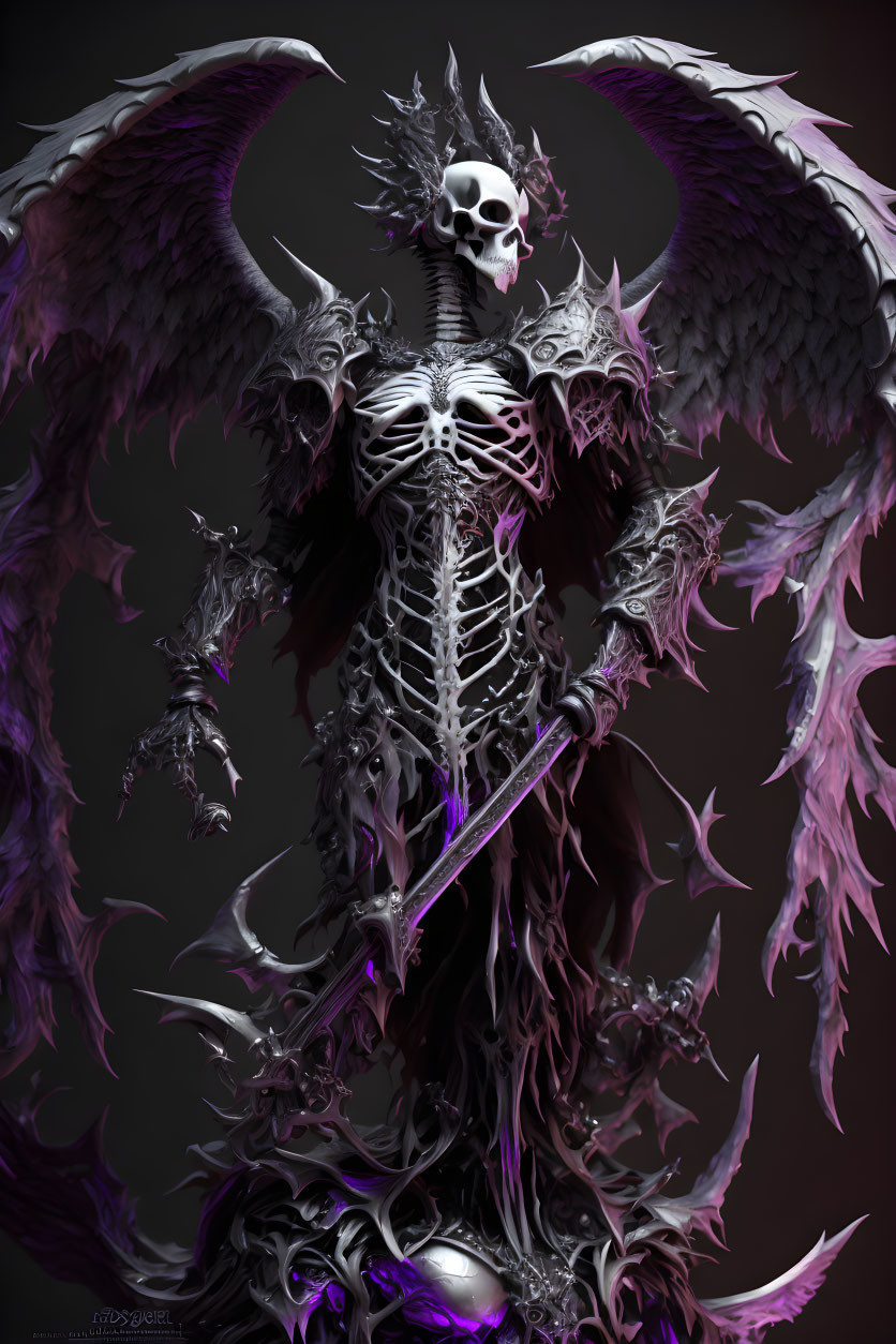 Skeletal figure with dark angelic wings and ornate armor holding a staff