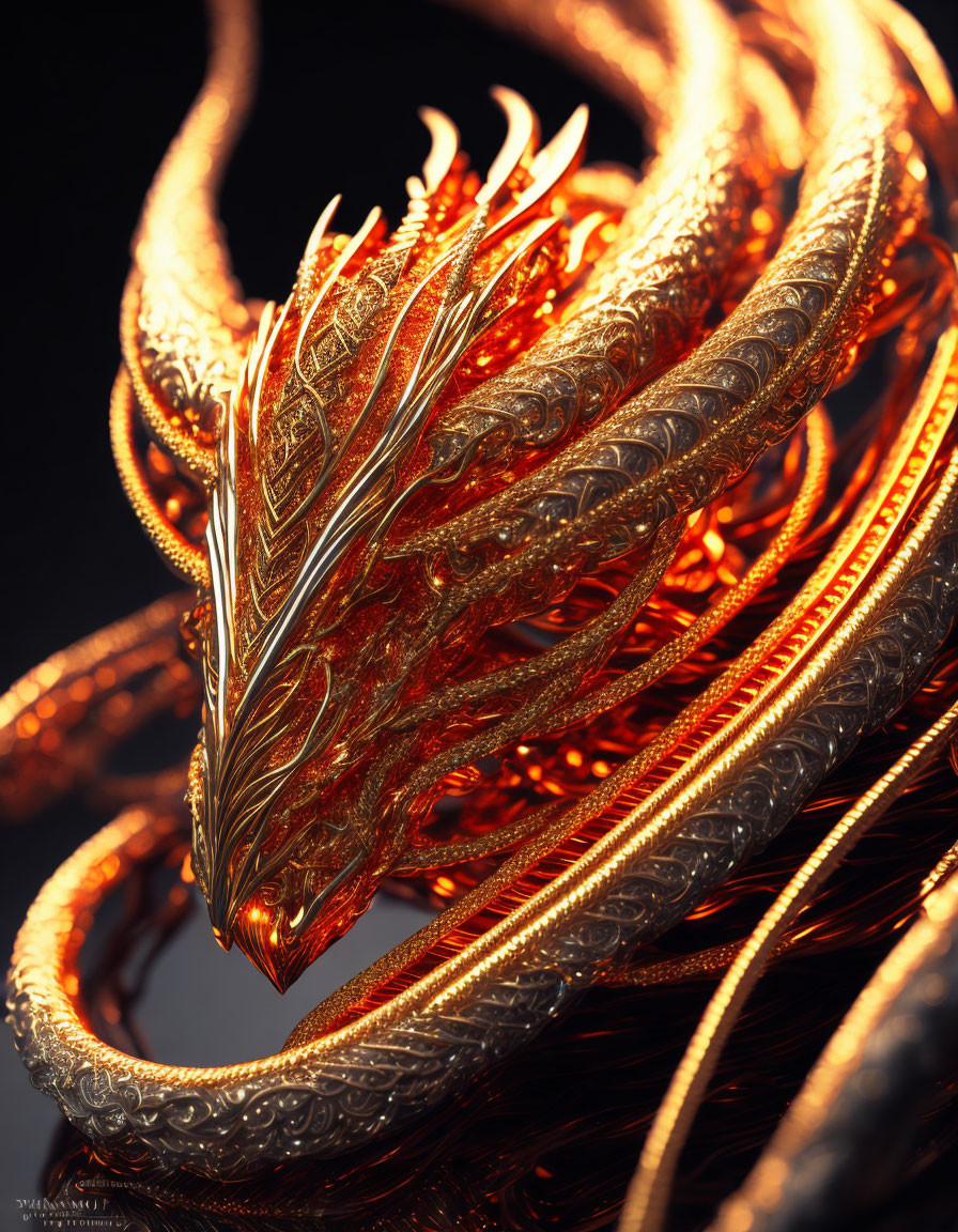 Detailed Golden Dragon Sculpture with Intricate Patterns & Glowing Accents