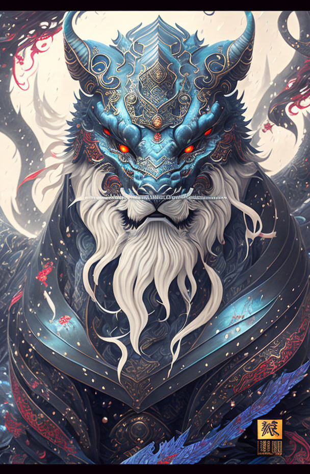 Majestic mystical beast with blue and white fur and ornate armor