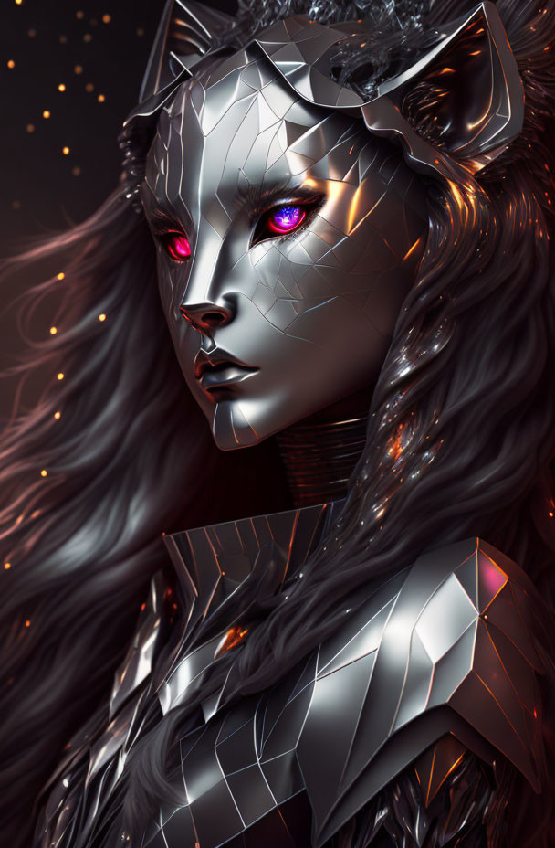 Digital illustration of humanoid creature with feline features and metallic skin on starry background