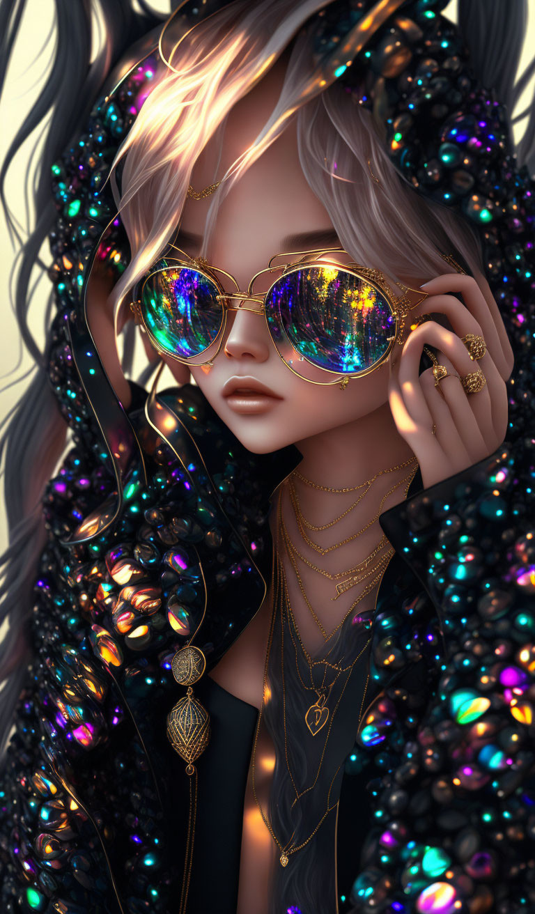 Colorful sequin jacket on person with reflective sunglasses