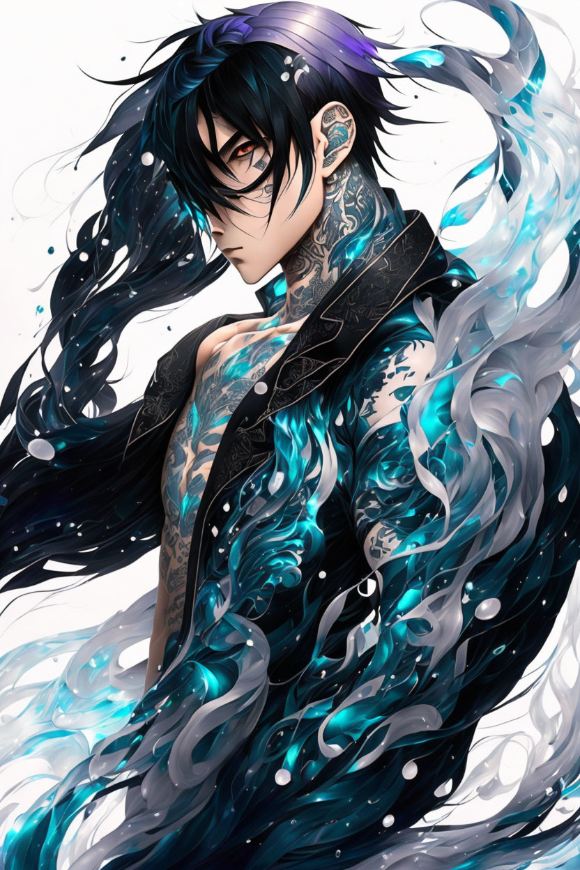 Dark-haired character with piercings and tattoos in blue smoke