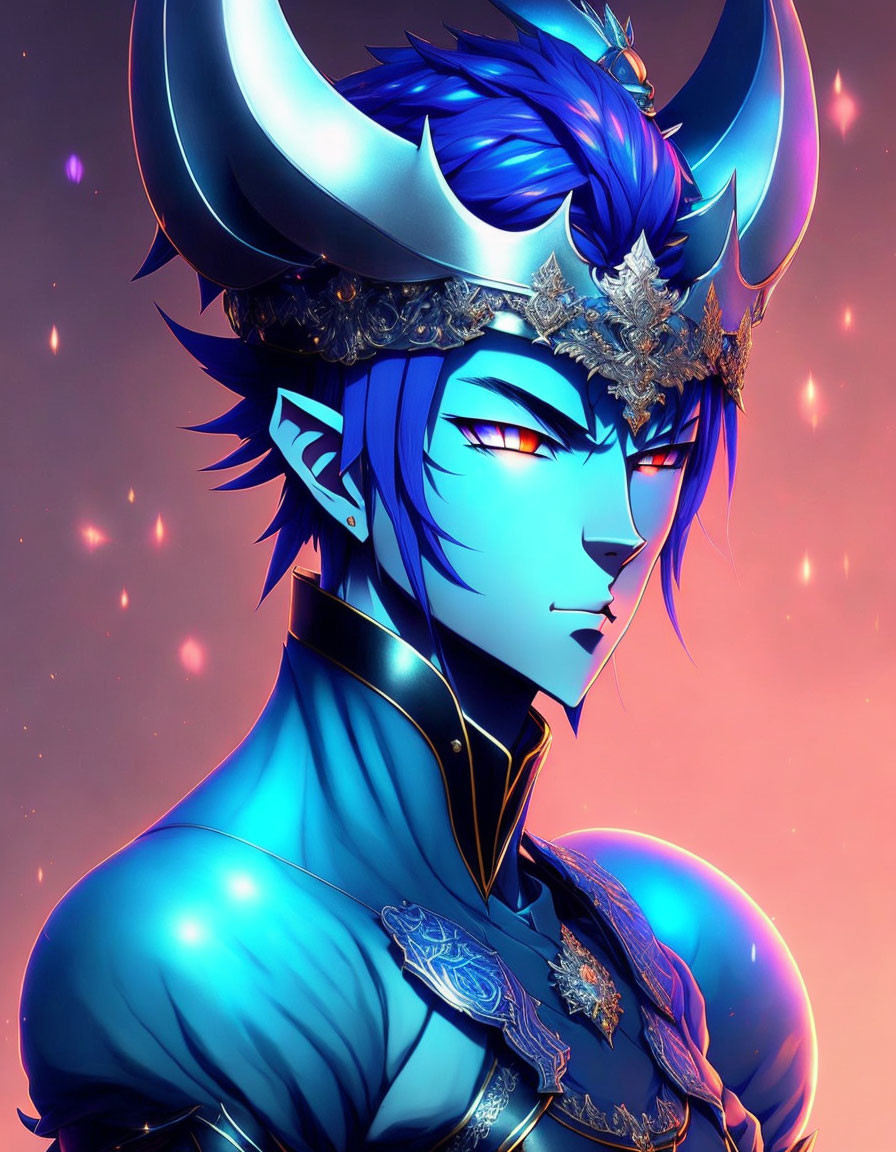 Illustration: Character with blue skin, red eyes, and horns in regal attire.