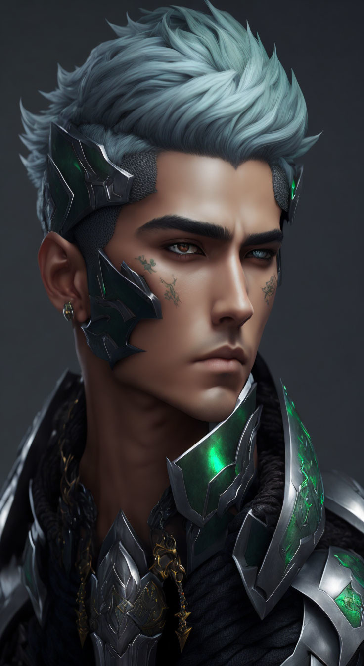 Male Figure with Blue Hair and Metallic Armor in Digital Portrait