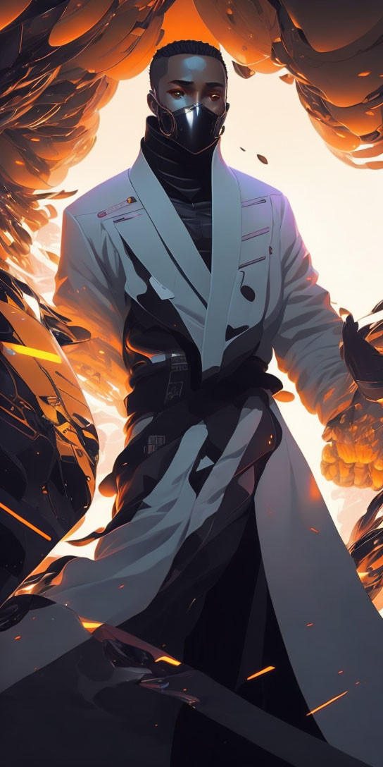 Futuristic person in white jacket and mask with fiery orange background