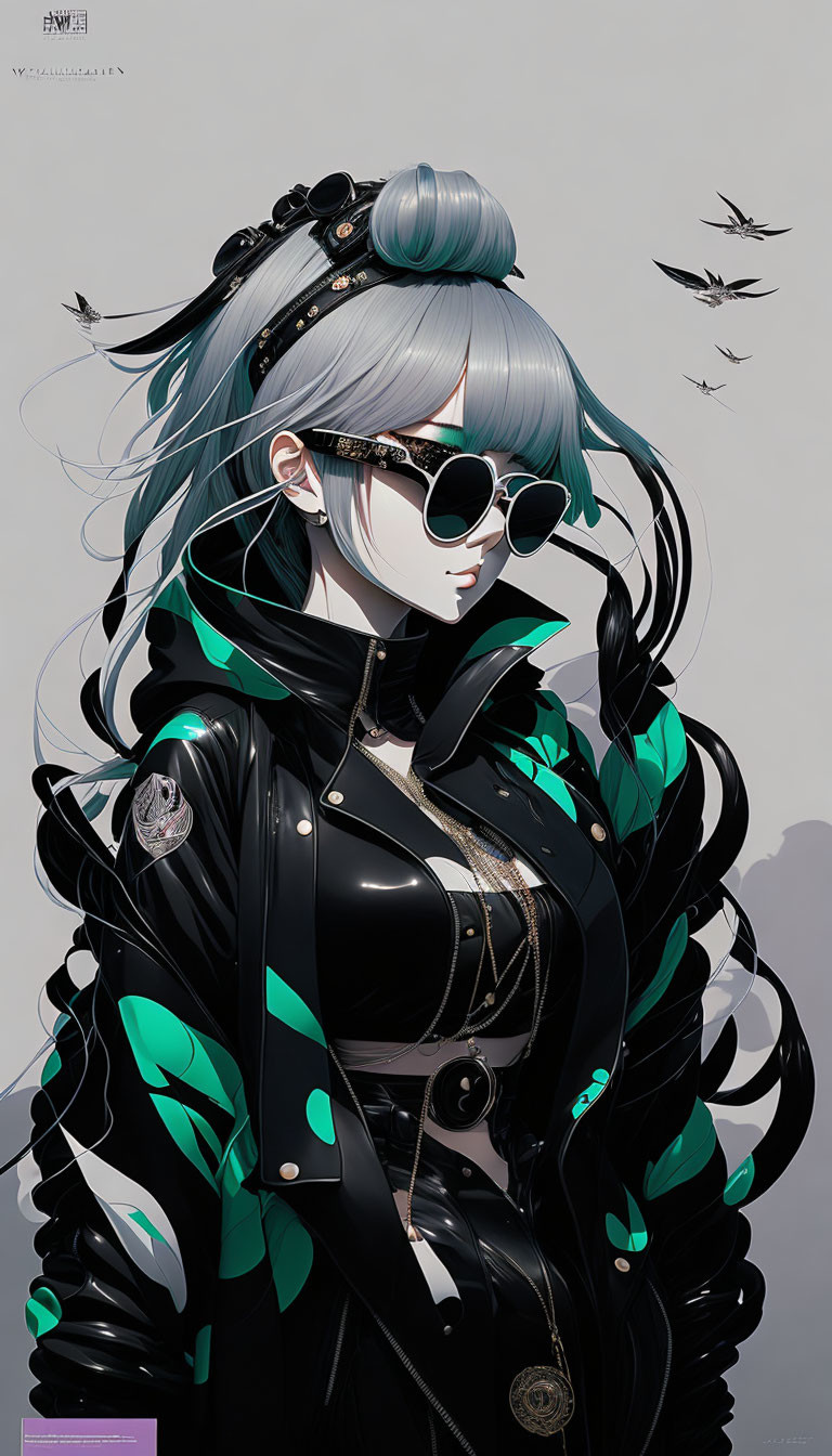 Teal-haired anime character in sunglasses with black corset and birds