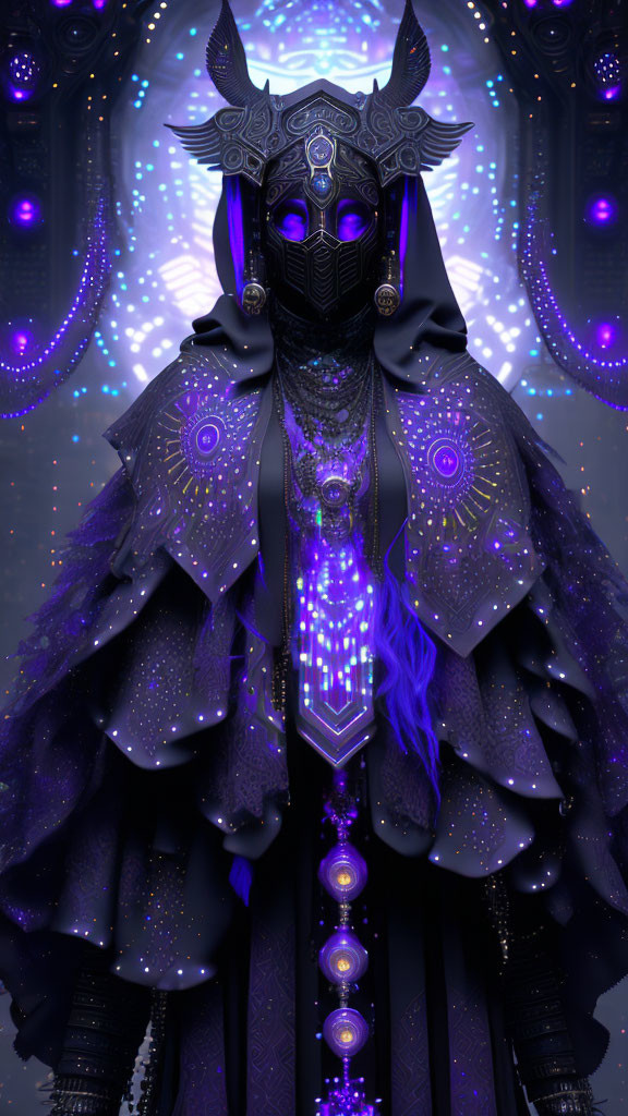 Figure in Dark Armor with Glowing Purple Motifs Against Ethereal Lights