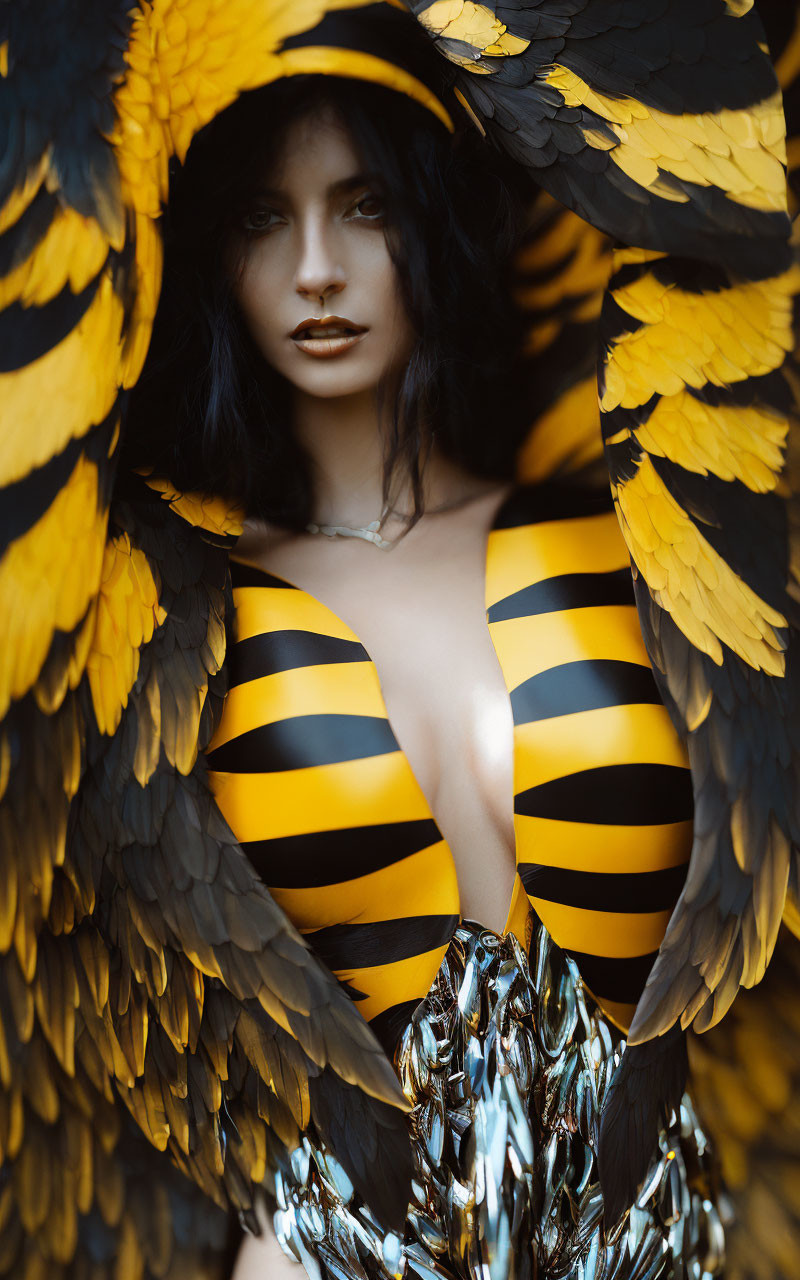 Dark-haired woman in yellow and black striped top with wing-like feather accessory