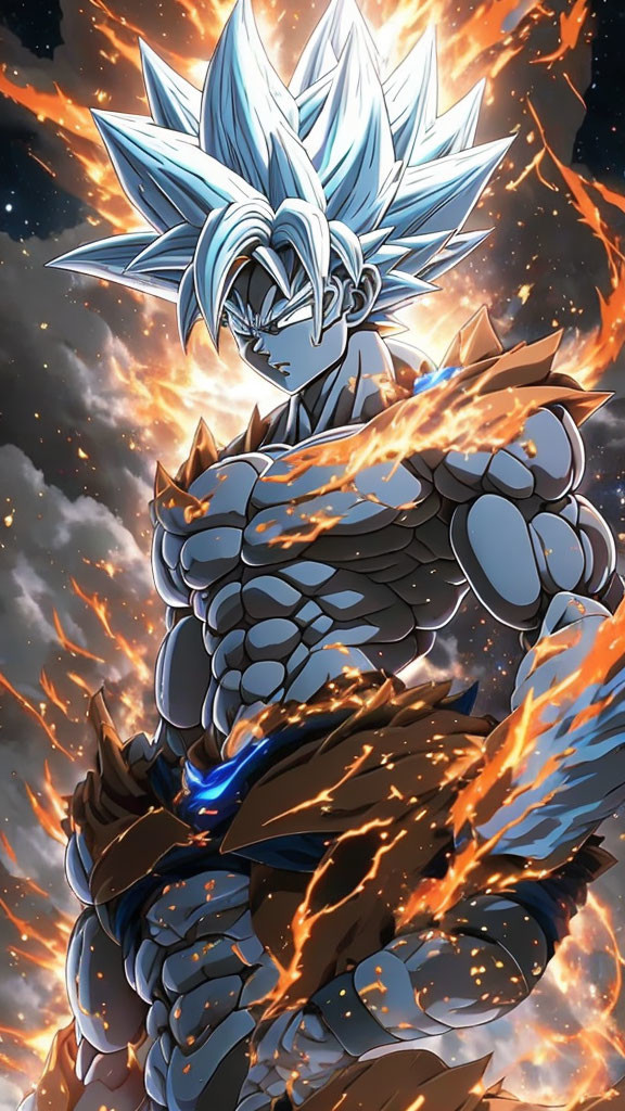 Blue-haired animated character in armored suit against cosmic backdrop