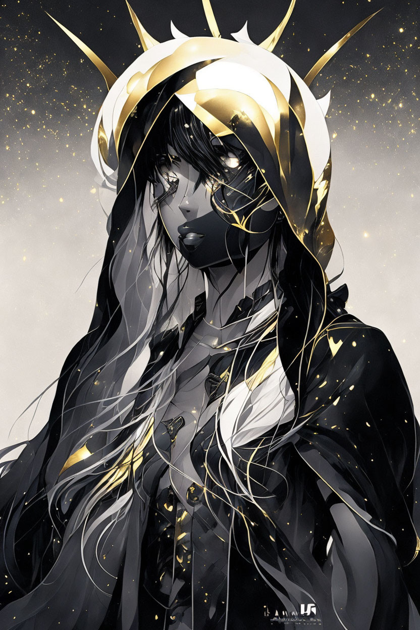 Illustration of woman with black hair, golden eyes, horned crown, gold sparkles, and