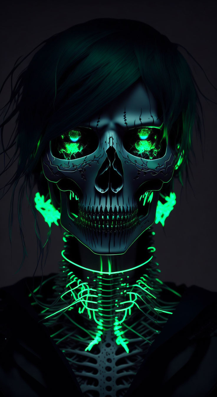 Digital artwork of person with glowing skeleton and skull overlay, featuring green eyes and highlights