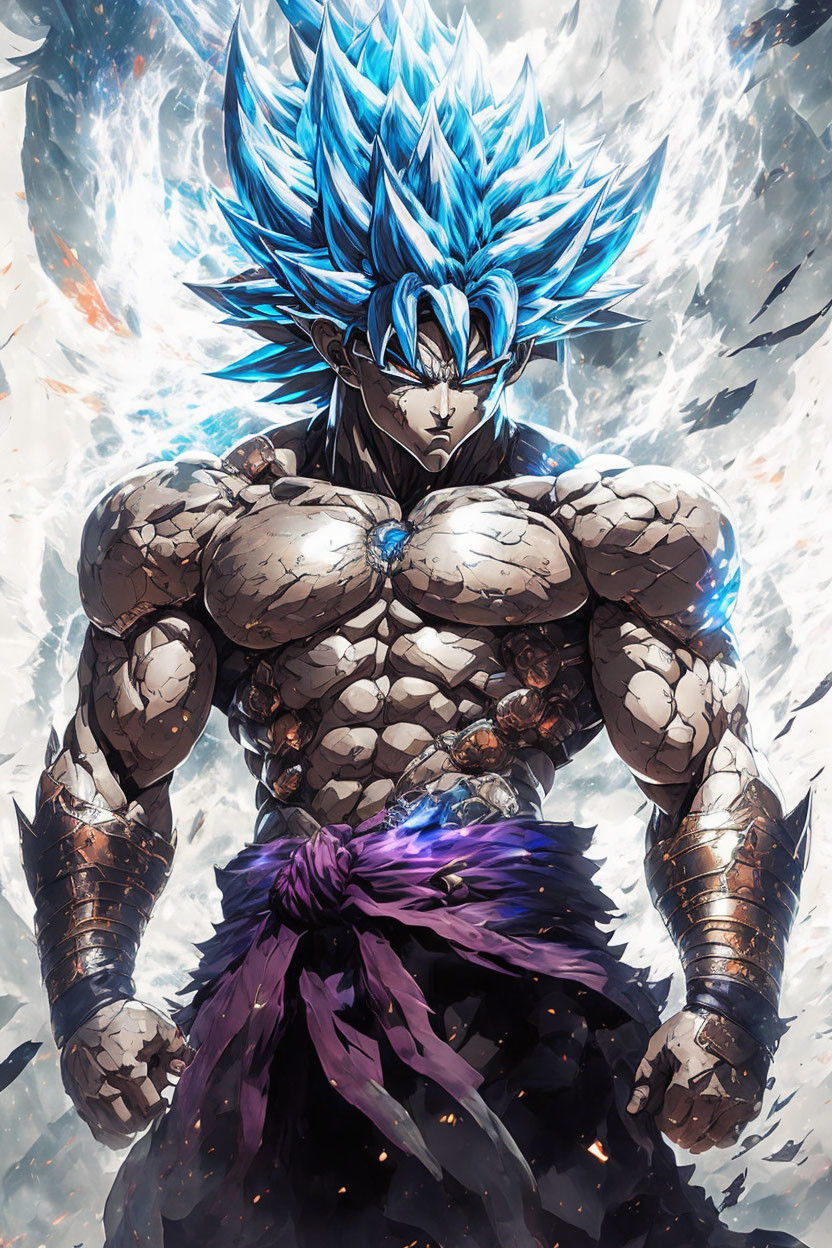 Spiky Blue-Haired Animated Character with Muscular Build in Intense Power Aura