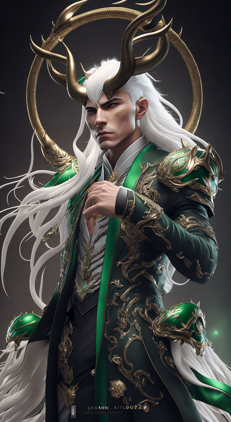 Majestic character with white hair, golden horns, green armor, and mystical markings