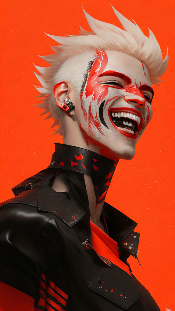 Person with painted face and spiked hair in edgy outfit on orange background