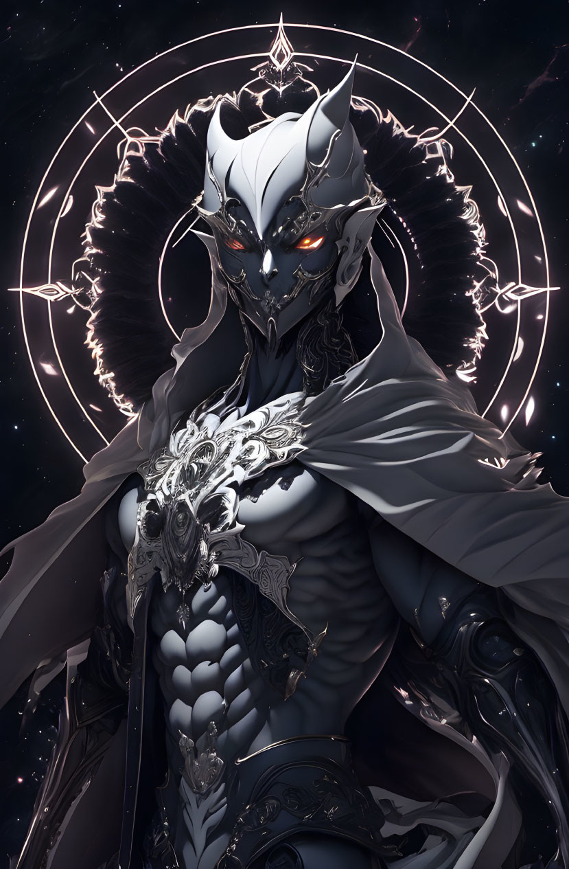 Demonic fantasy character in ornate armor on starry night