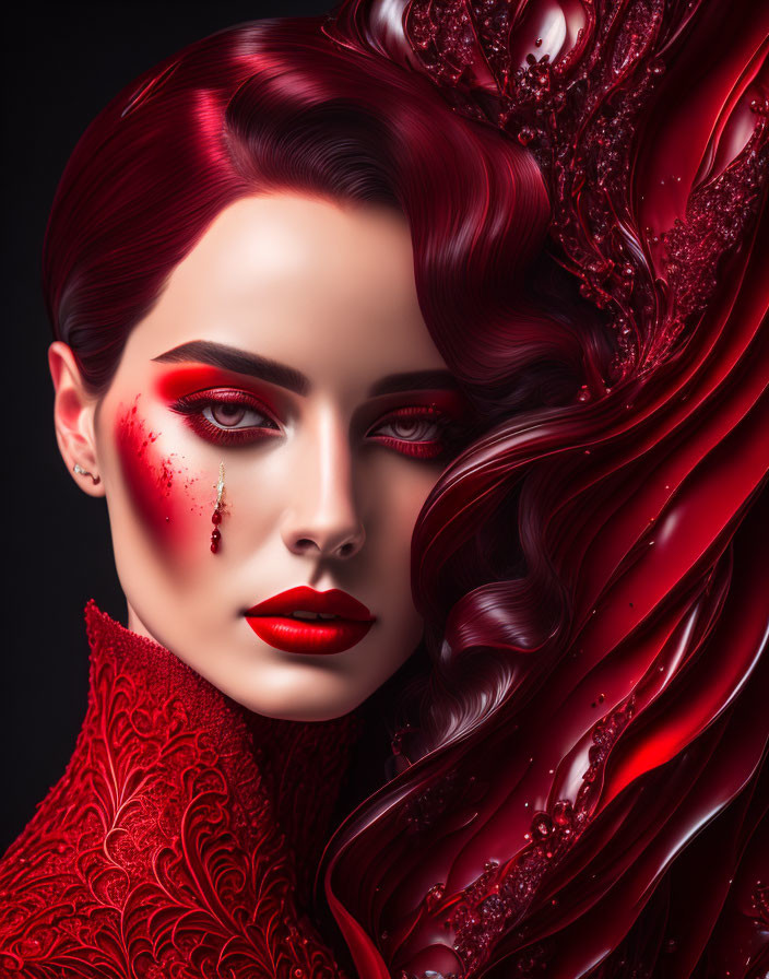 Digital Artwork: Woman with Stylized Red Hair & Makeup