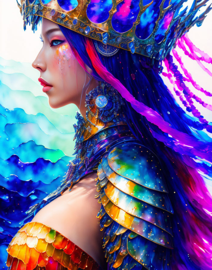 Vibrant Blue Skin Portrait with Peacock-themed Headdress