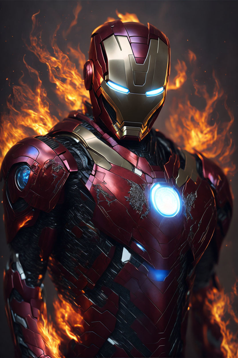 Detailed Image: Iron Man in Red and Gold Suit with Glowing Eyes and Flames