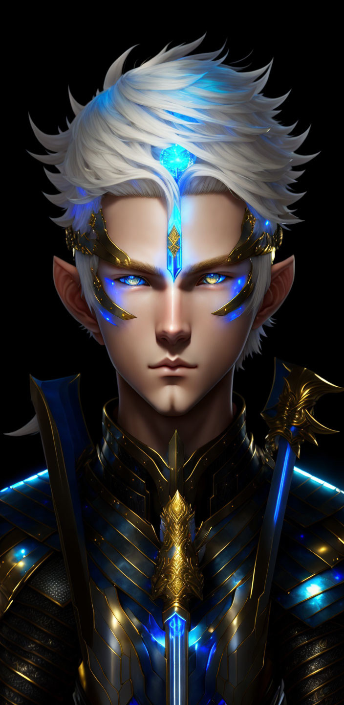 Fantastical male character with white hair and glowing blue eyes in ornate gold and black armor