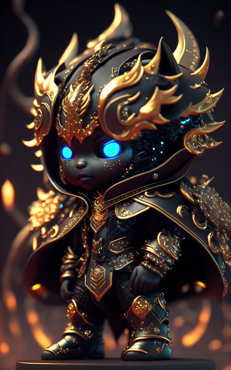 Stylized fantasy armored figure with glowing blue eyes in dark backdrop