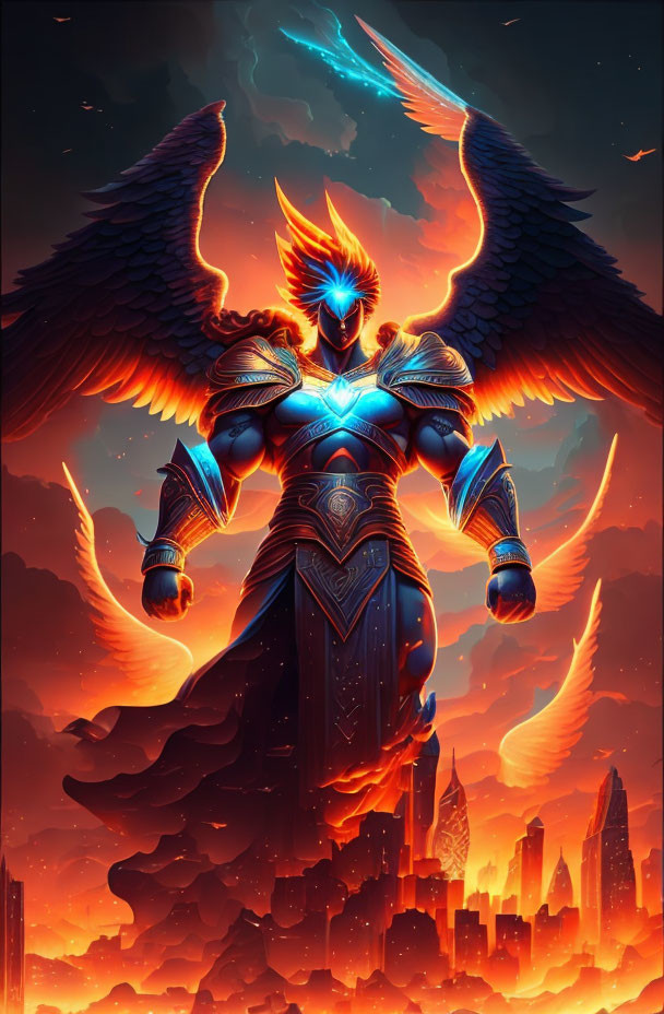 Winged armored figure with glowing eyes in fiery cityscape