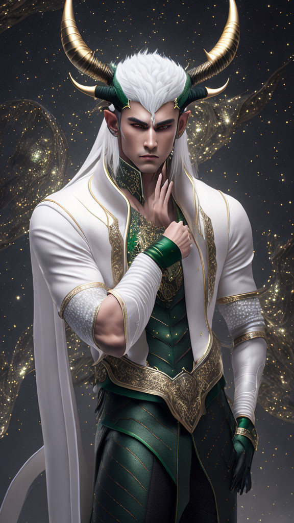 Fantasy character with white hair, horns, pointy ears in elegant white and green outfit on star