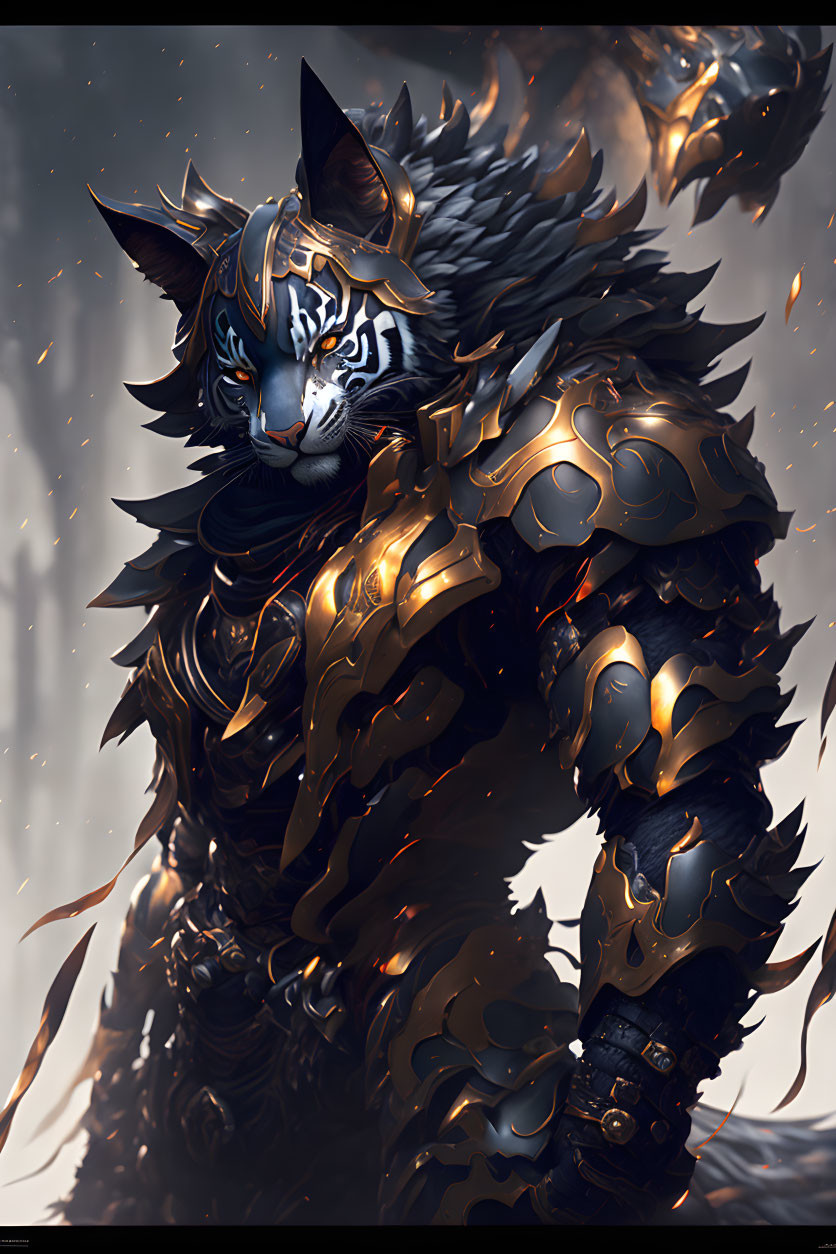 Anthropomorphic tiger in dark armor ready for battle