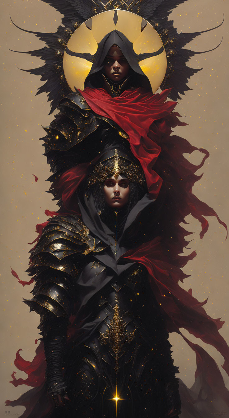 Two figures in dark armor with gold accents, one in a helmet and red cloak, the other with