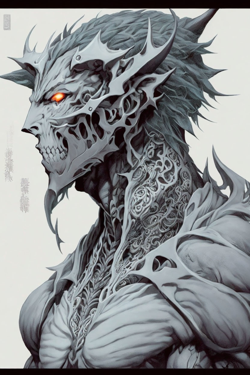 Monochrome artistic portrayal of menacing creature with intricate armor-like patterns, glowing red eye, and draconic