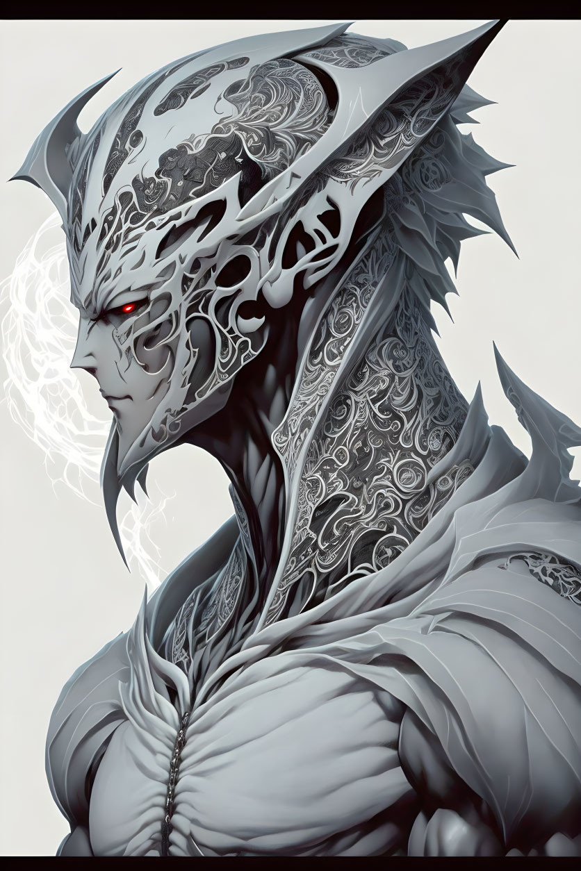 Fantasy Figure with Silver Helmet and Red Eyes in Detailed Illustration