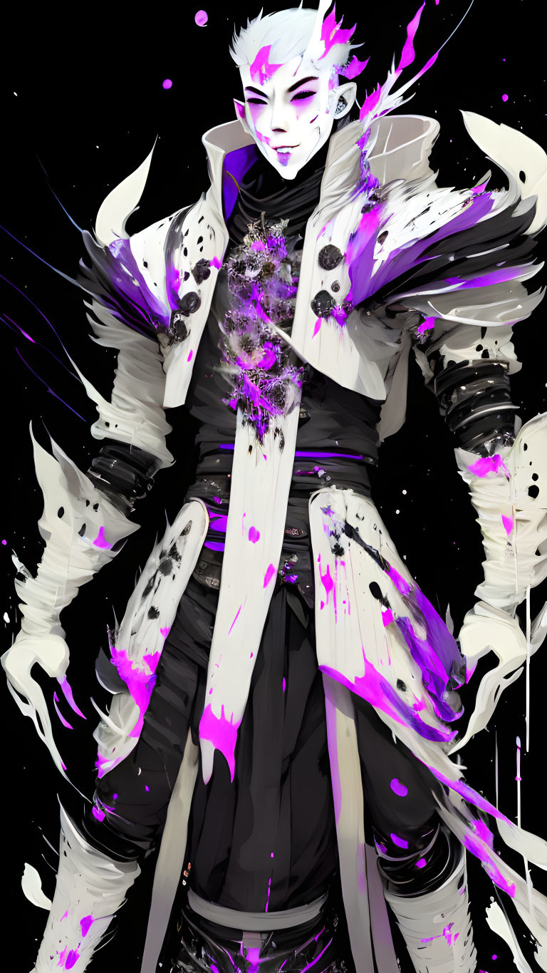 Character illustration with white hair, pale skin, and purple accents in dark armor.