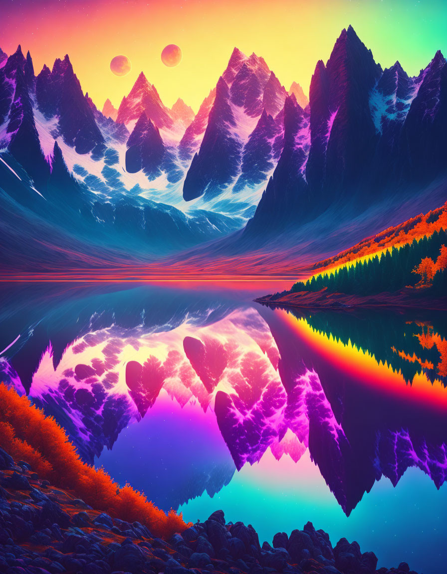 Surreal digital artwork: Mountain landscape with reflective lake in purple, orange, and blue hues,