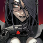 Stylized female character in monochromatic palette with red eyes and ornate black and red armor