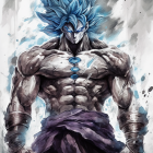 Spiky Blue-Haired Animated Character with Muscular Build in Intense Power Aura