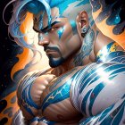 Blue-haired, tattooed muscular character with intense gaze in cosmic backdrop.