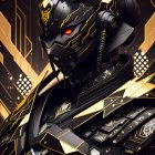 Armored character with glowing red eyes in black and golden armor.