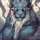 Majestic mystical beast with blue and white fur and ornate armor