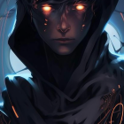 Mysterious hooded character with glowing eyes and blue flames