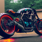 Futuristic black and gray motorcycle with orange accents on urban street