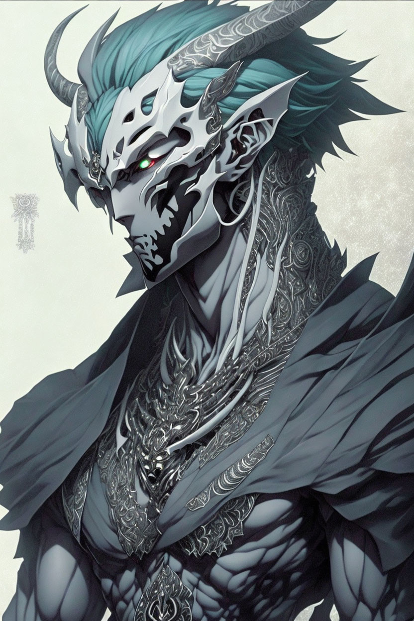 Fantasy illustration: character with dragon-like mask, green hair, intricate dark armor